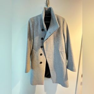 Men’s medium light gray pea coat with asymmetrical collar